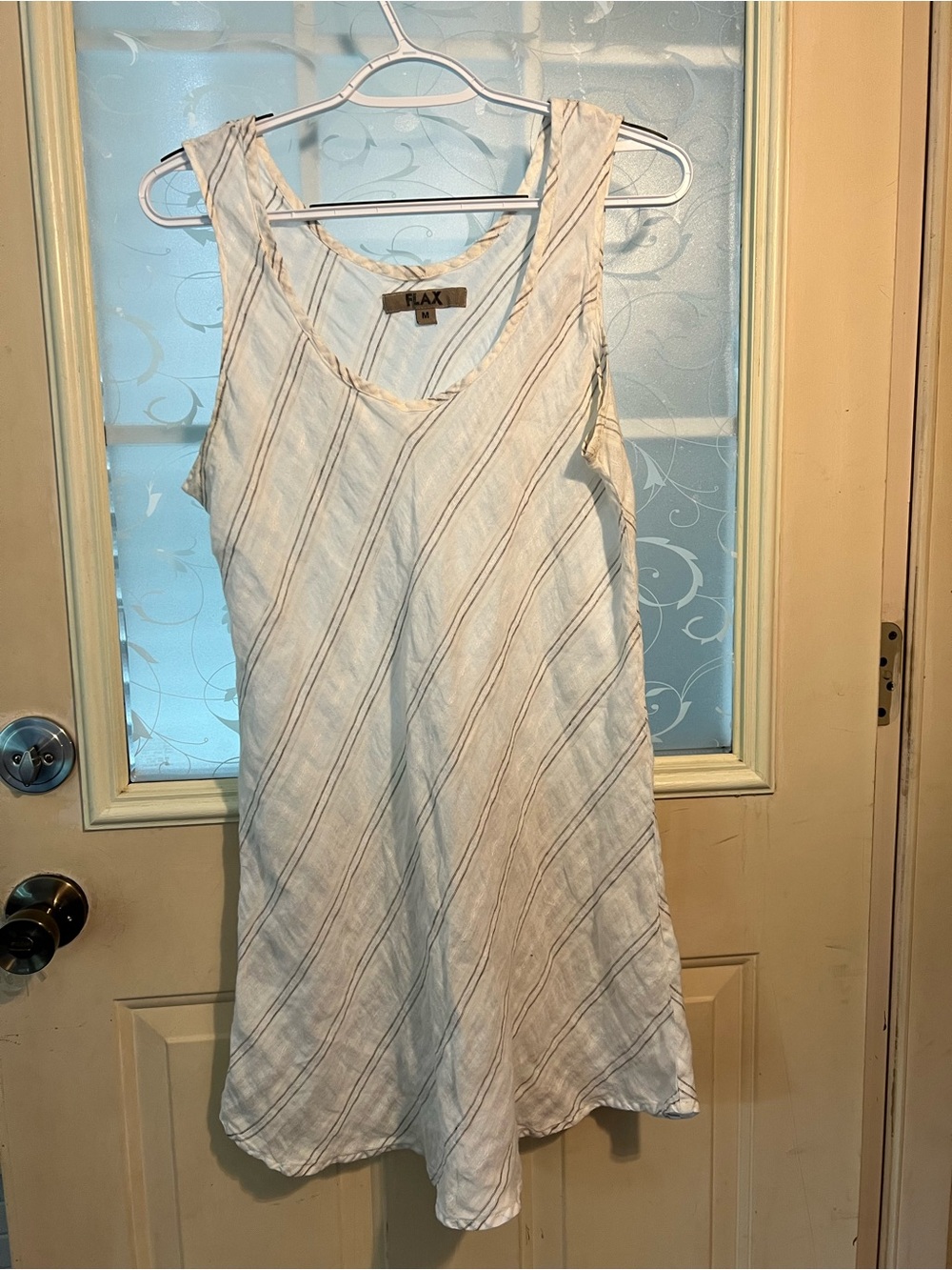 Flax sz M white and dark gray linen dress/tunic v neck, A line silhouette.
